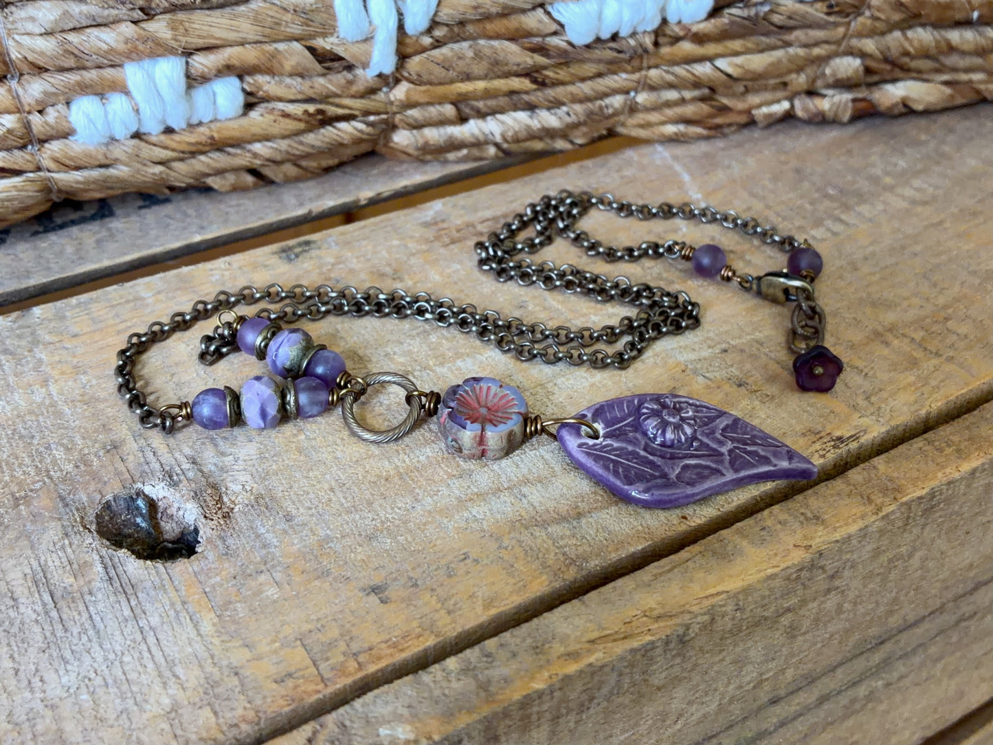 Purple Ceramic Pendant | Handmade Floral Necklace with Czech Glass & Brass Chain