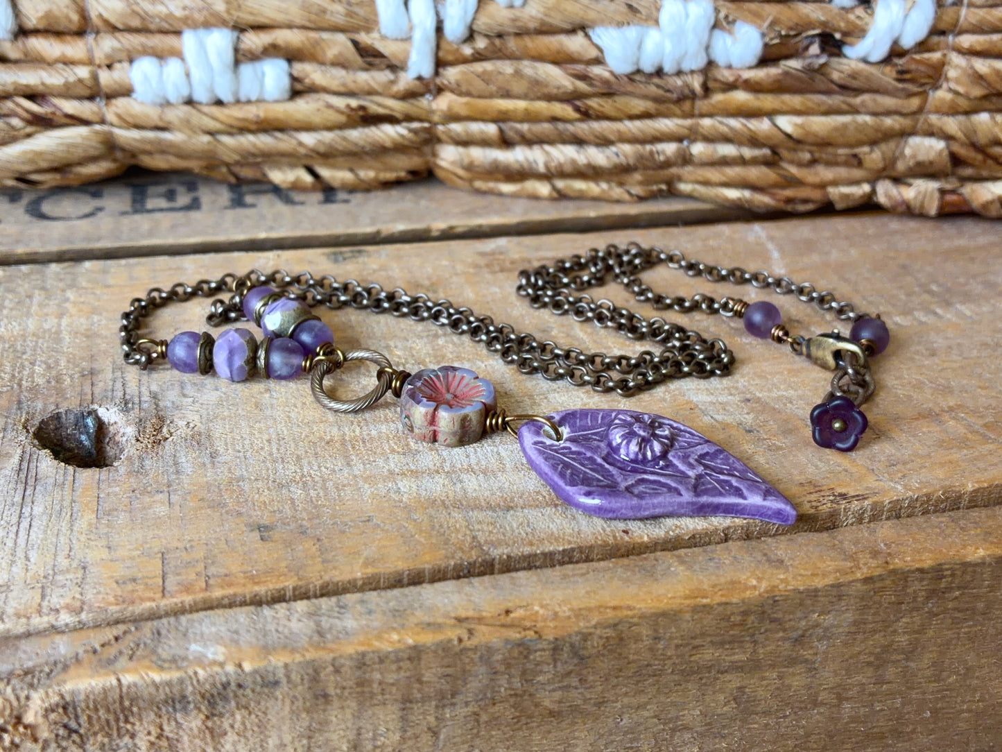 Purple Ceramic Pendant | Handmade Floral Necklace with Czech Glass & Brass Chain