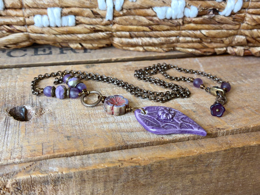 Purple Ceramic Pendant | Handmade Floral Necklace with Czech Glass & Brass Chain