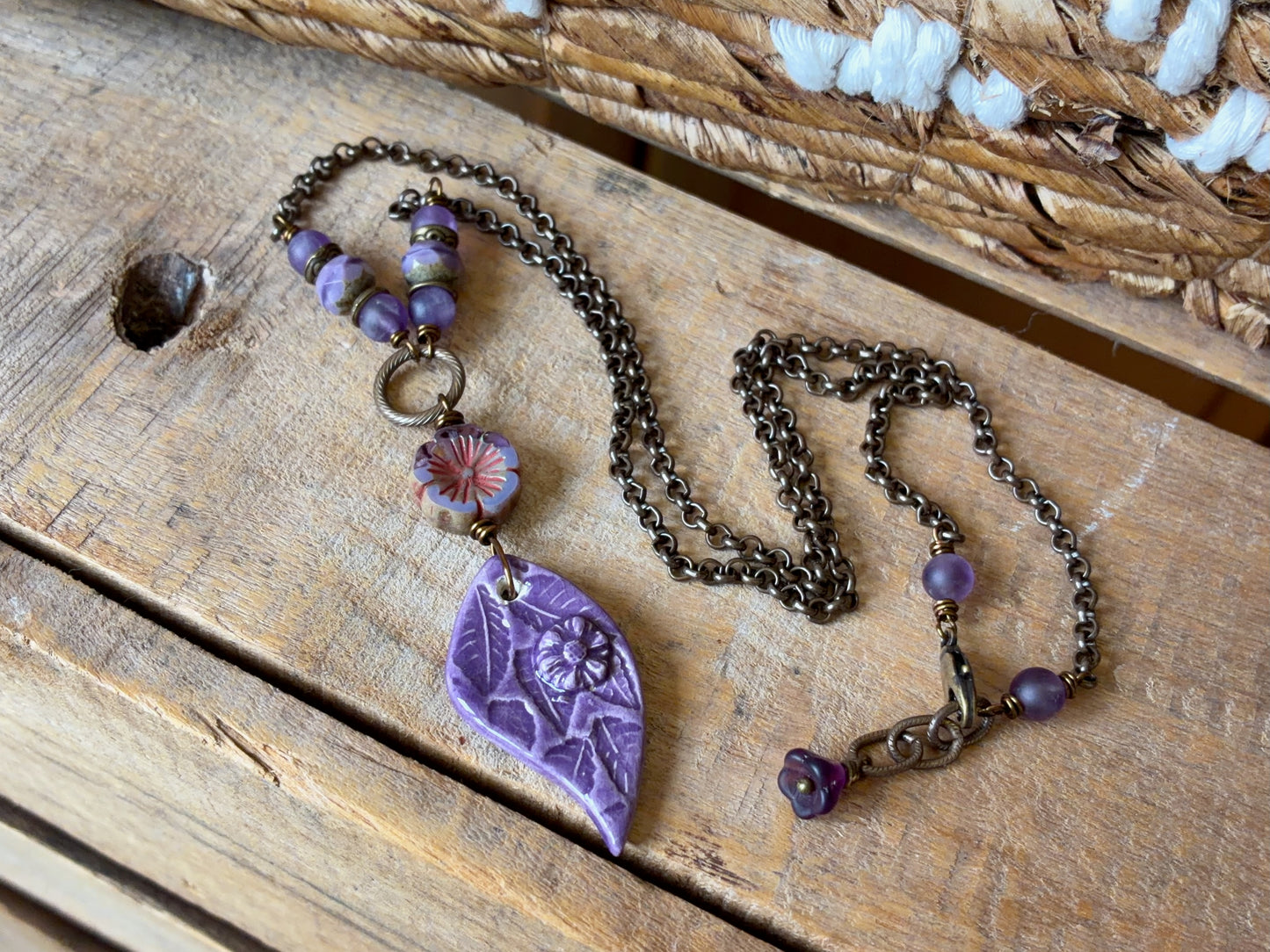 Purple Ceramic Pendant | Handmade Floral Necklace with Czech Glass & Brass Chain