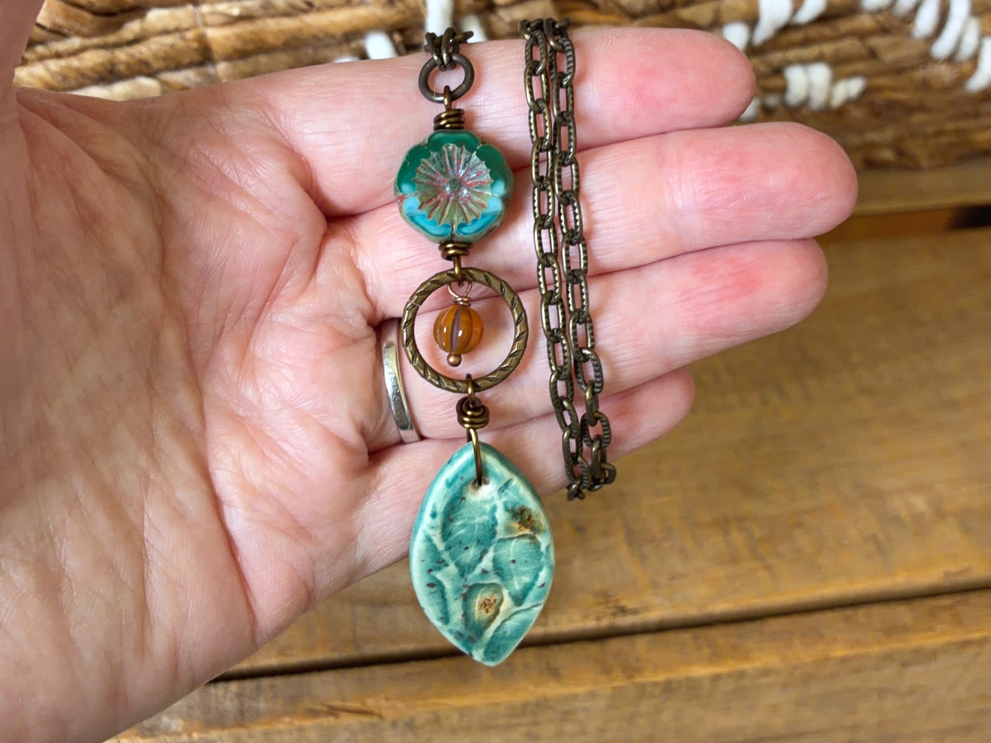One-of-a-Kind Ceramic Pendant | Turquoise Porcelain Necklace with Czech Glass & Antique Brass Chain