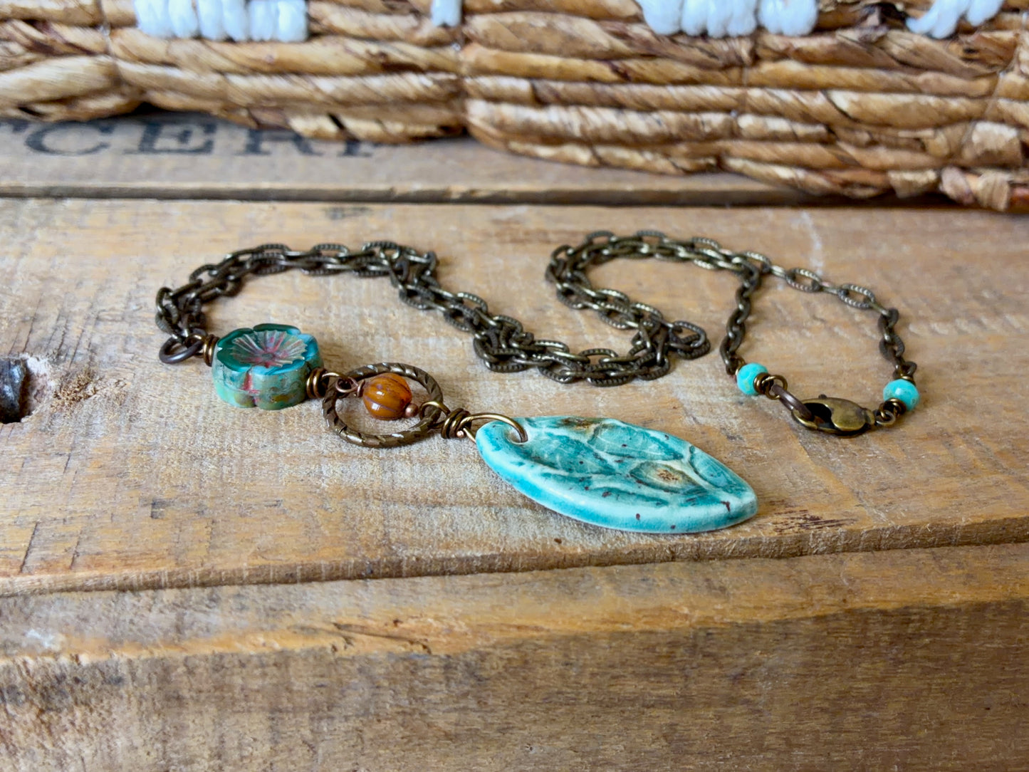 One-of-a-Kind Ceramic Pendant | Turquoise Porcelain Necklace with Czech Glass & Antique Brass Chain