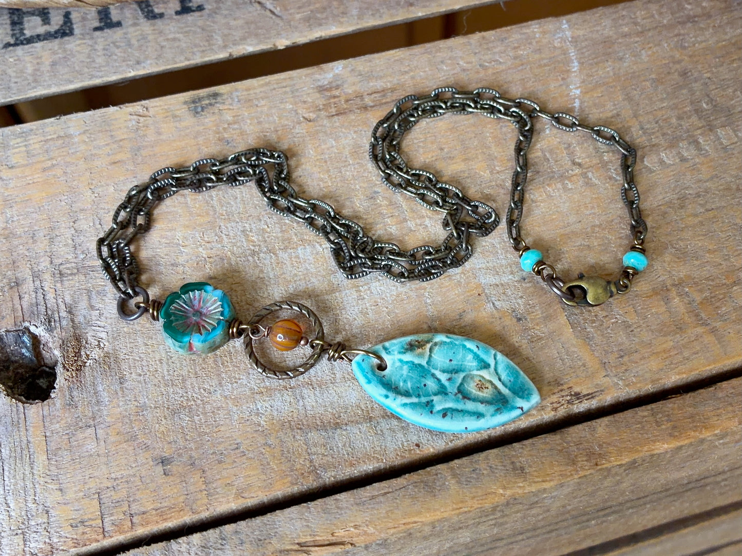 One-of-a-Kind Ceramic Pendant | Turquoise Porcelain Necklace with Czech Glass & Antique Brass Chain