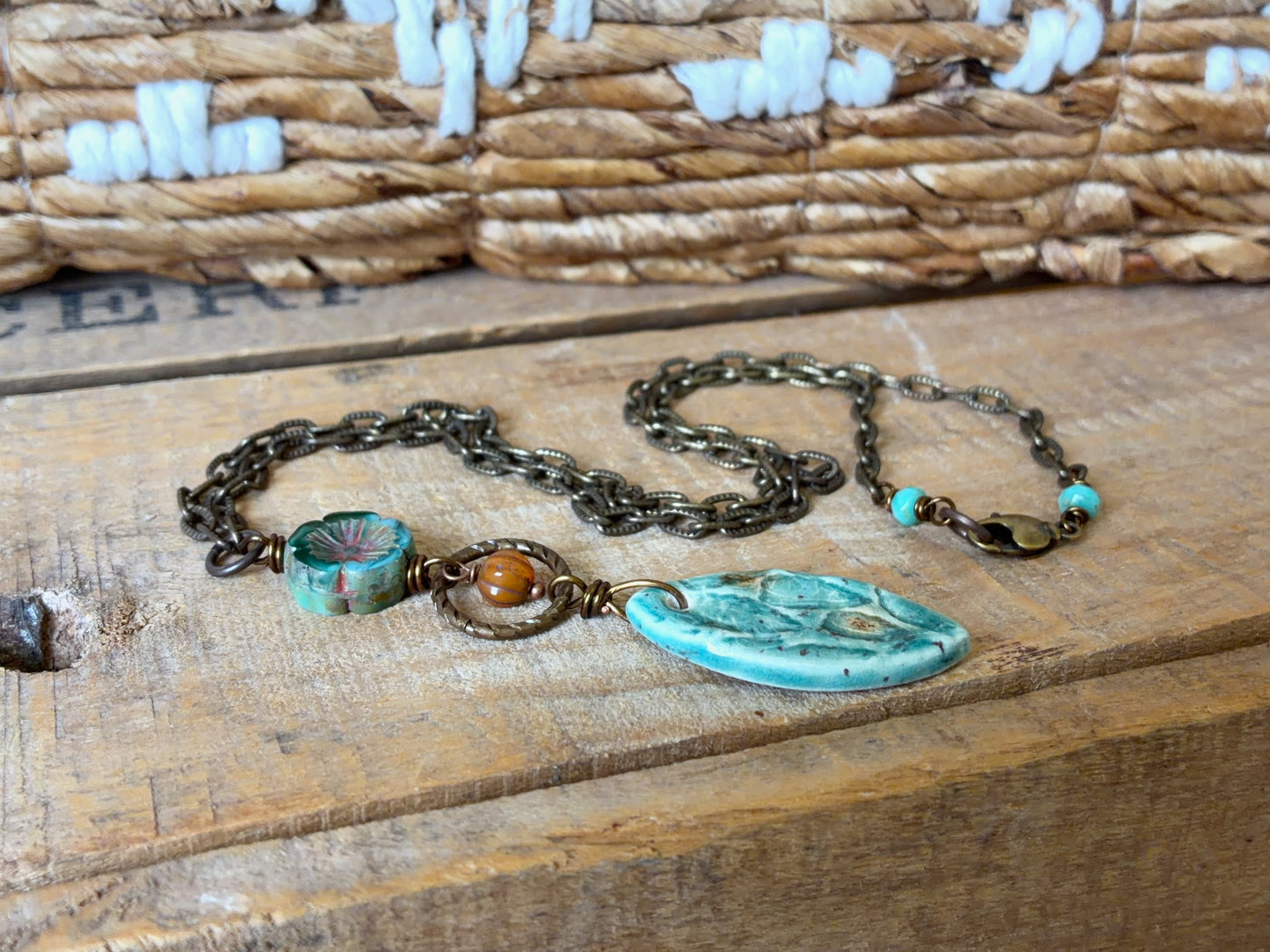 One-of-a-Kind Ceramic Pendant | Turquoise Porcelain Necklace with Czech Glass & Antique Brass Chain