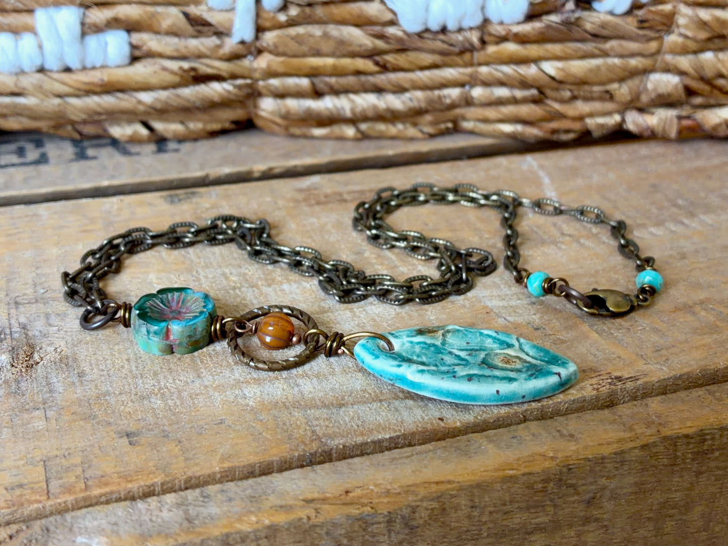 One-of-a-Kind Ceramic Pendant | Turquoise Porcelain Necklace with Czech Glass & Antique Brass Chain