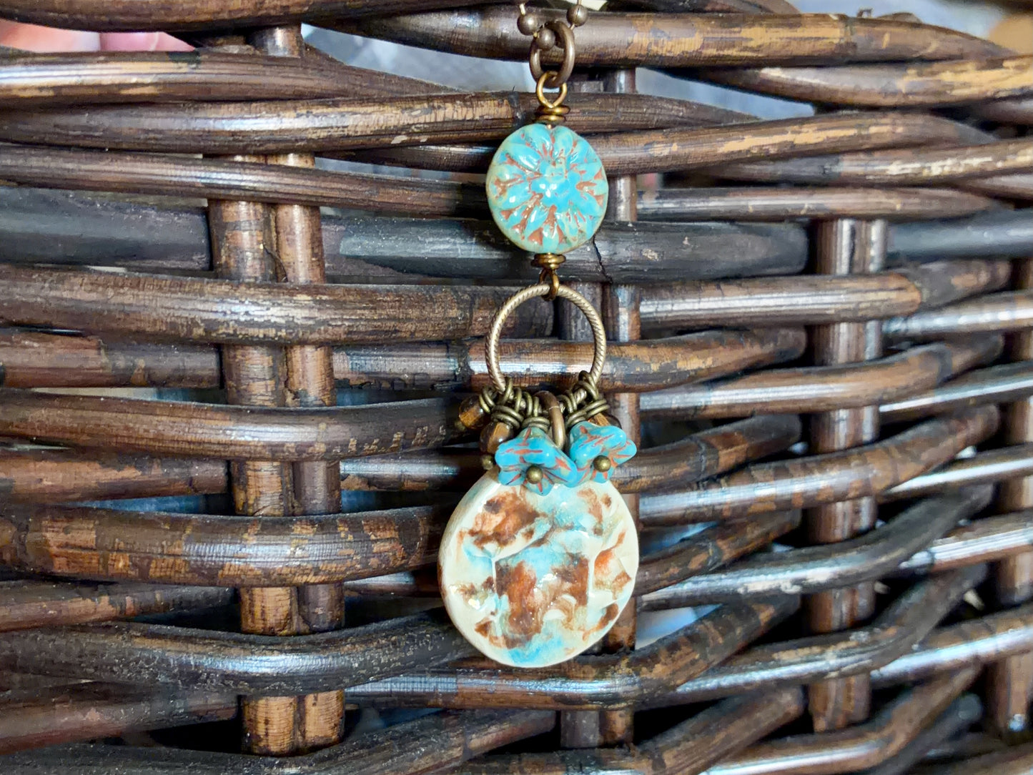 Handmade Glazed Ceramic Pendant in Cream, Turquoise & Brown | Czech Glass Flower Necklace with Brass Chain