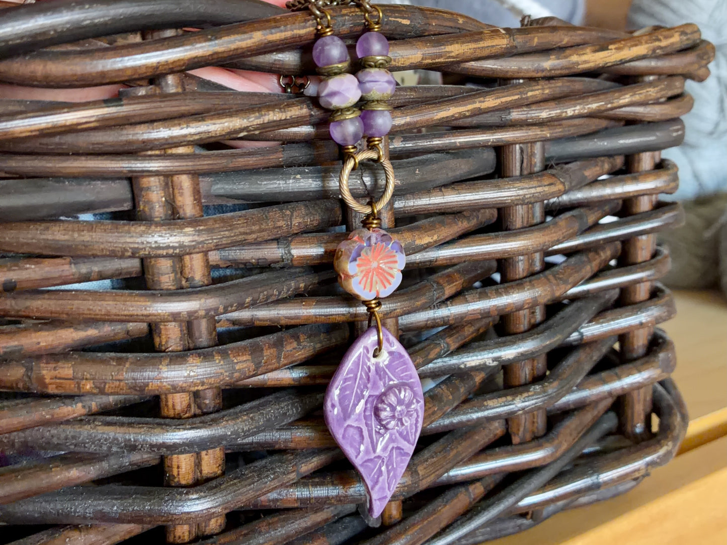 Purple Ceramic Pendant | Handmade Floral Necklace with Czech Glass & Brass Chain