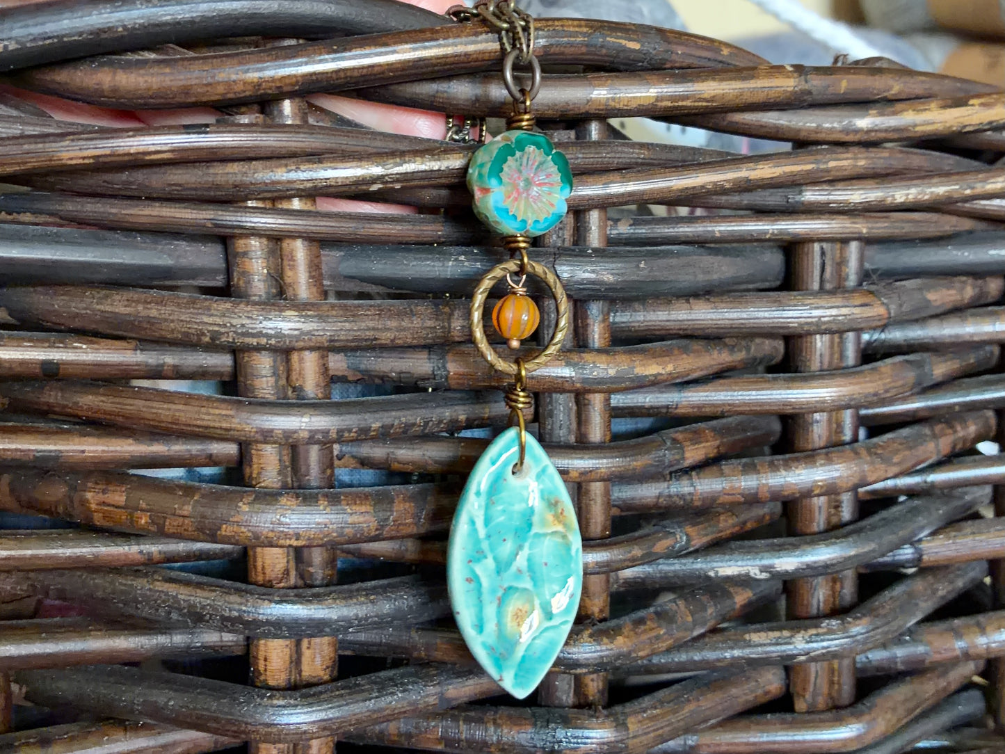 One-of-a-Kind Ceramic Pendant | Turquoise Porcelain Necklace with Czech Glass & Antique Brass Chain