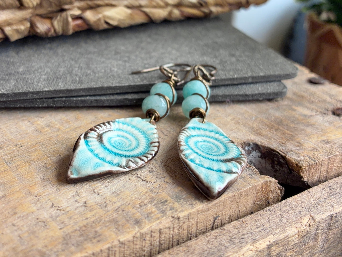 Ceramic Fossil Charm Earrings | Handmade Ocean-Inspired Earrings in Blue and Bronze