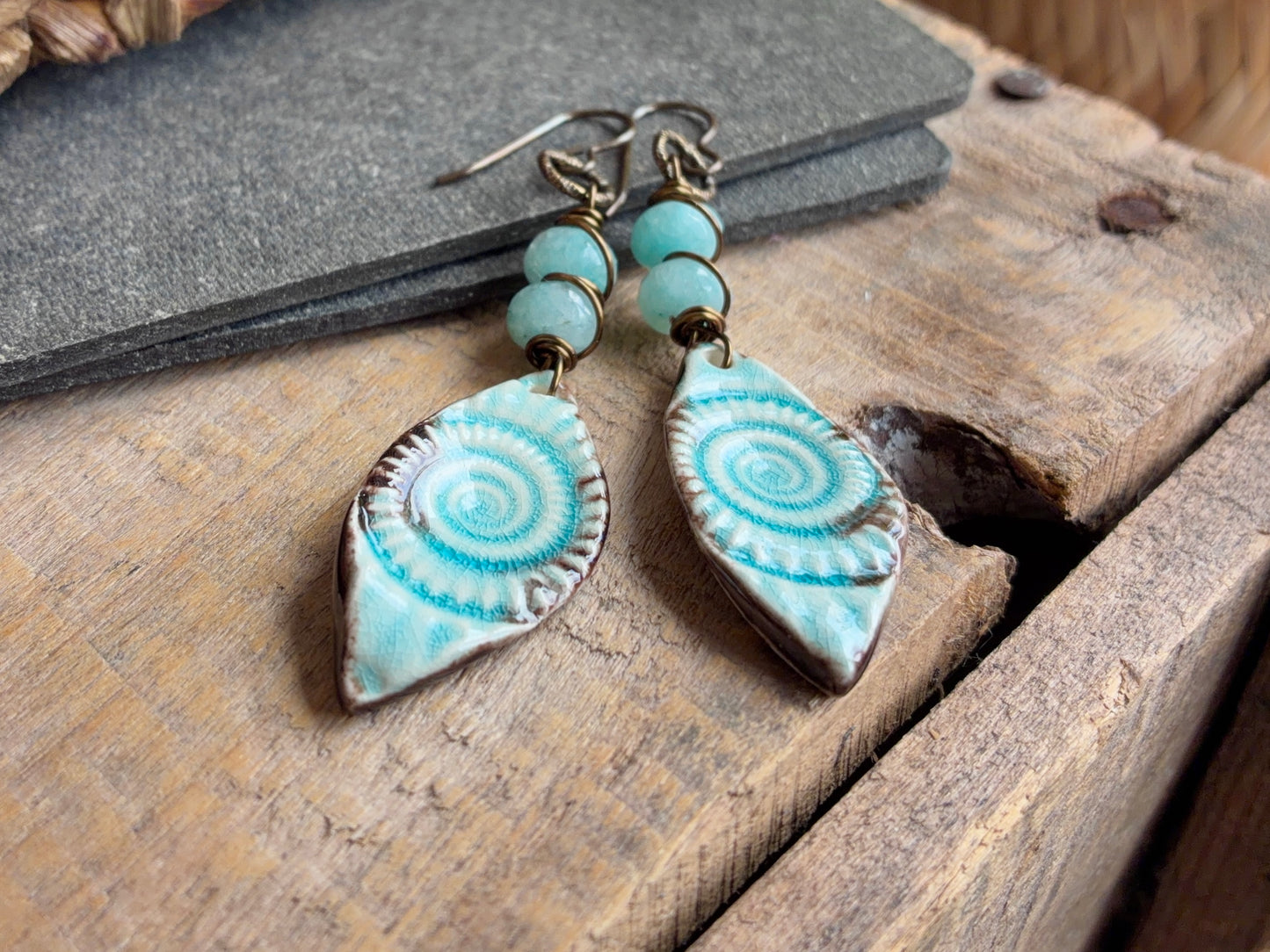 Ceramic Fossil Charm Earrings | Handmade Ocean-Inspired Earrings in Blue and Bronze