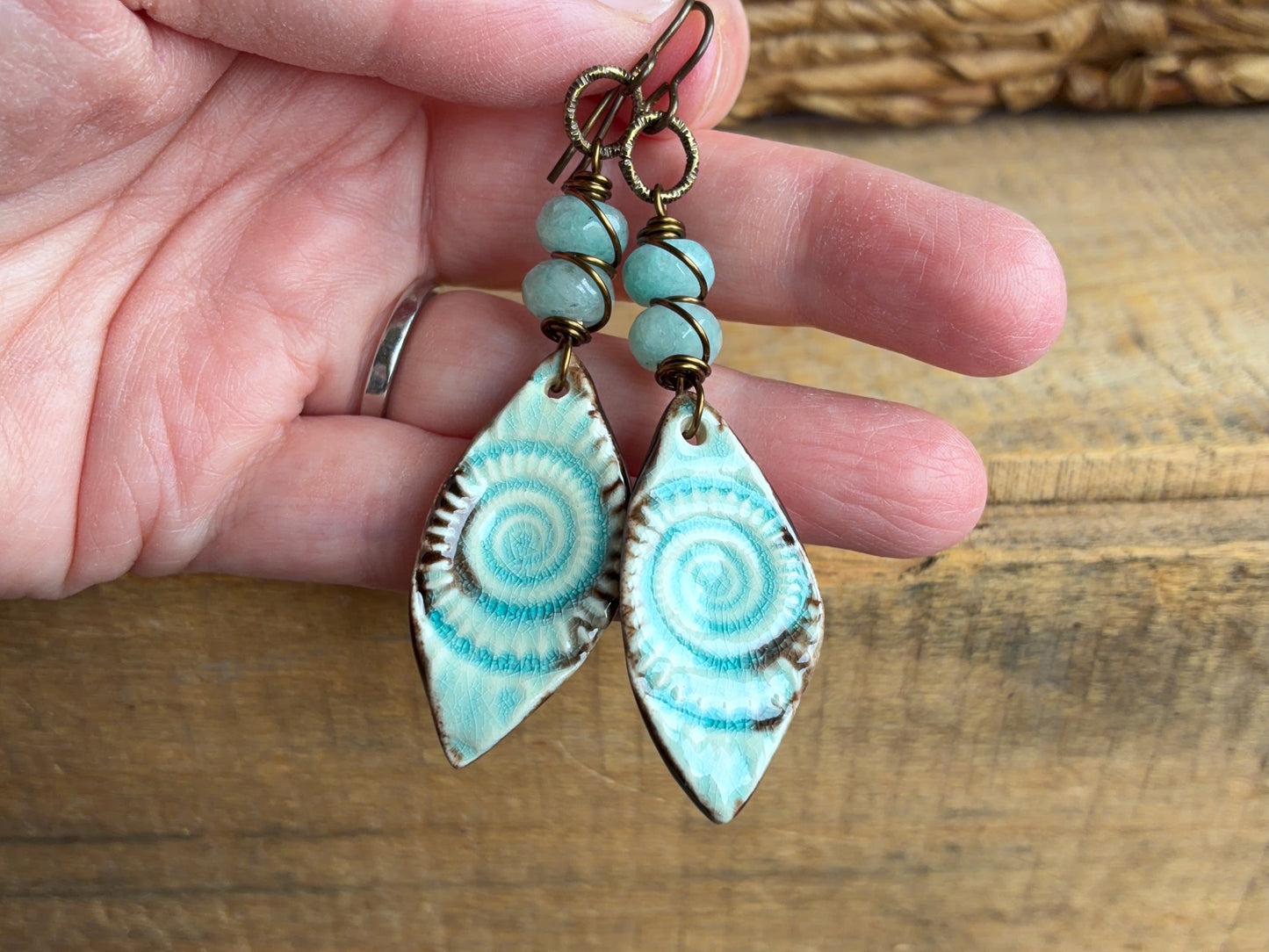 Ceramic Fossil Charm Earrings | Handmade Ocean-Inspired Earrings in Blue and Bronze