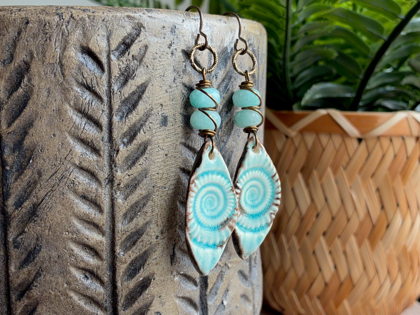 Ceramic Fossil Charm Earrings | Handmade Ocean-Inspired Earrings in Blue and Bronze