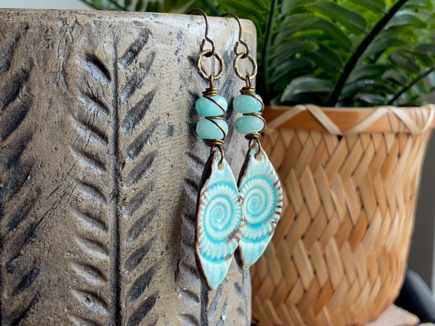Ceramic Fossil Charm Earrings | Handmade Ocean-Inspired Earrings in Blue and Bronze