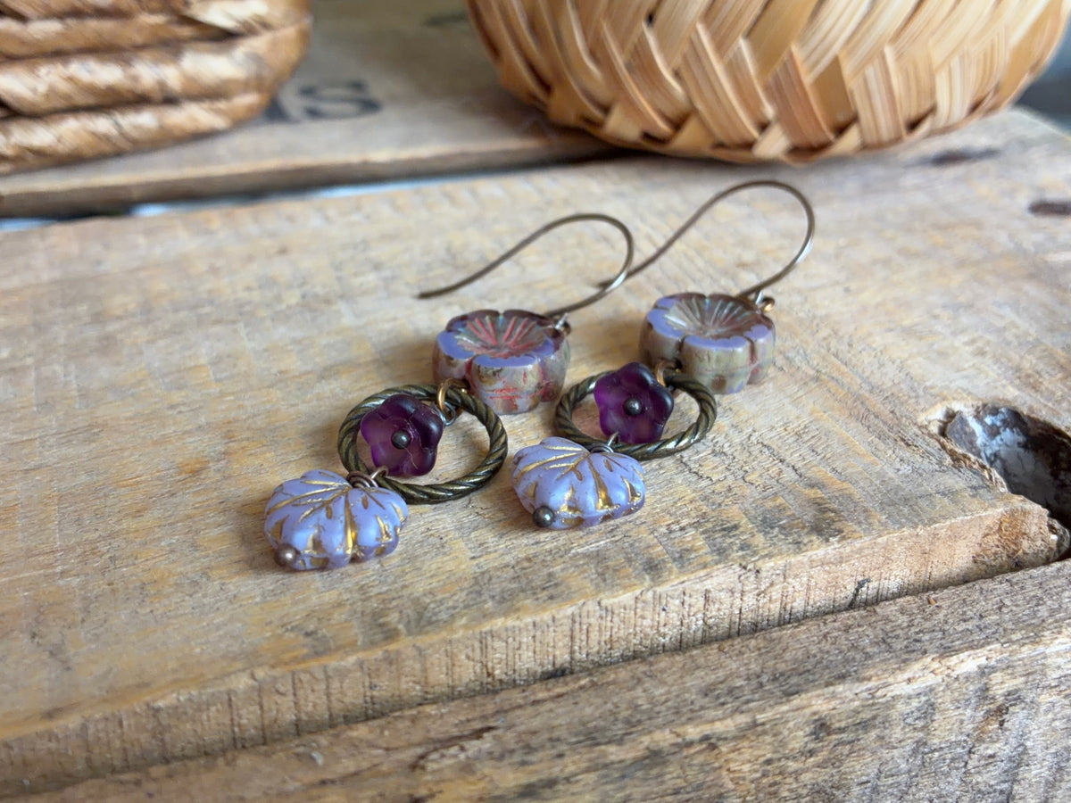 Lavender Czech Glass Flower & Maple Leaf Earrings | Handmade Nature Inspired Jewellery