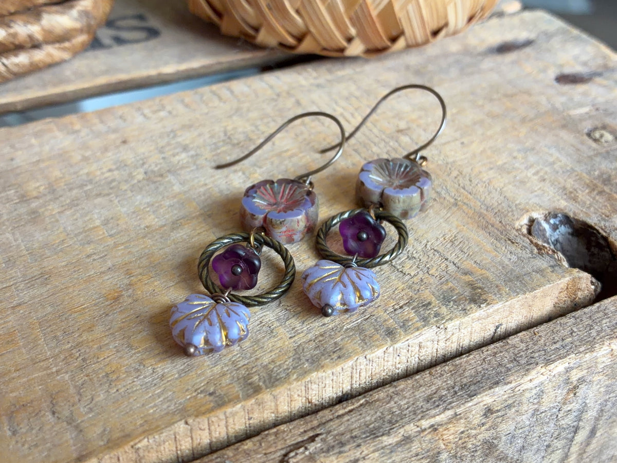 Lavender Czech Glass Flower & Maple Leaf Earrings | Handmade Nature Inspired Jewellery