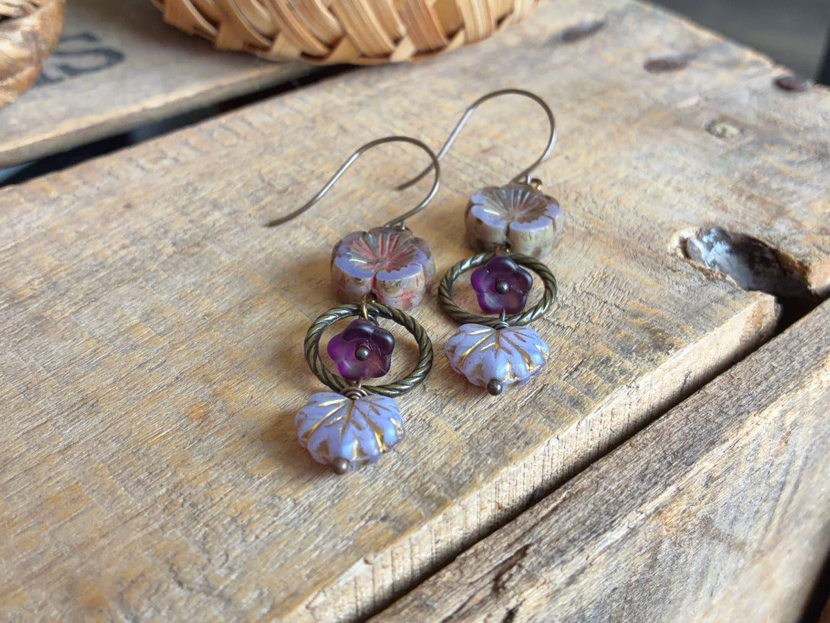 Lavender Czech Glass Flower & Maple Leaf Earrings | Handmade Nature Inspired Jewellery