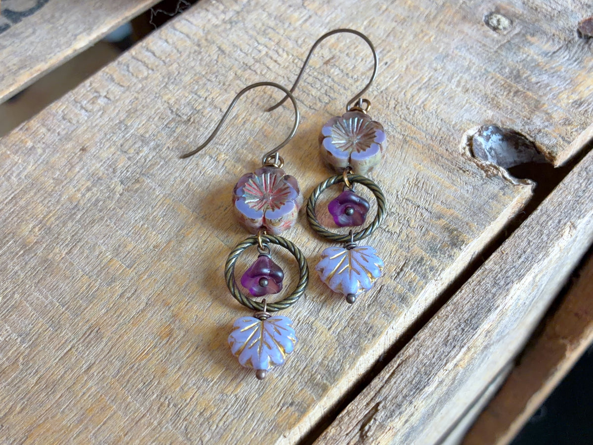 Lavender Czech Glass Flower & Maple Leaf Earrings | Handmade Nature Inspired Jewellery