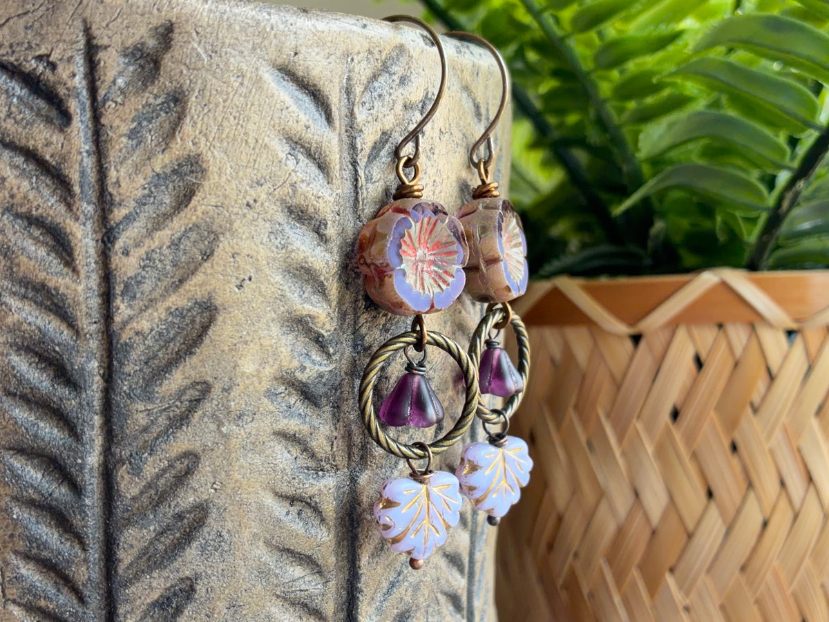 Lavender Czech Glass Flower & Maple Leaf Earrings | Handmade Nature Inspired Jewellery