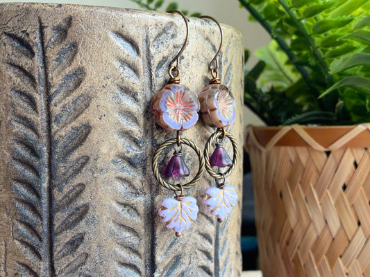 Lavender Czech Glass Flower & Maple Leaf Earrings | Handmade Nature Inspired Jewellery