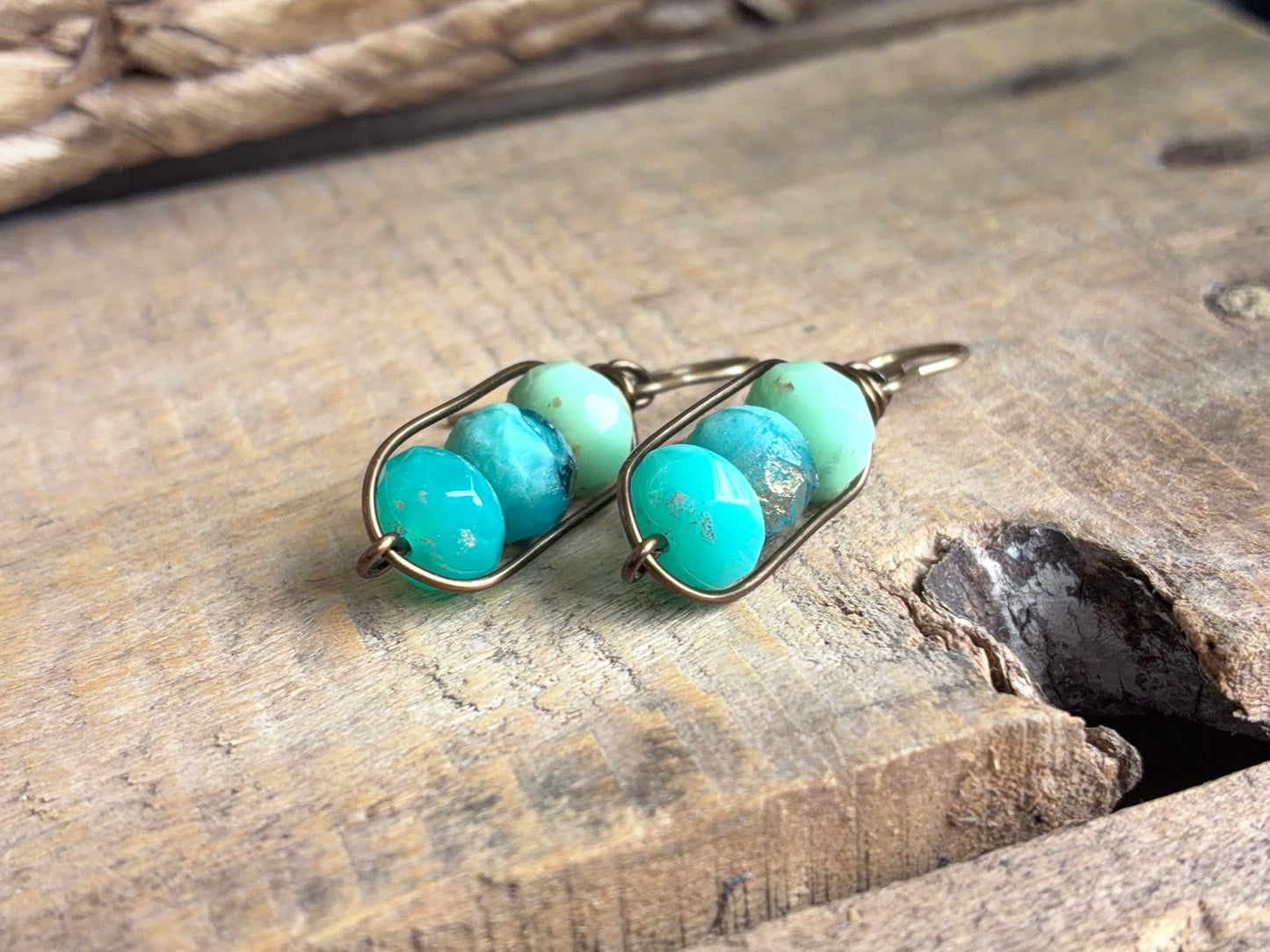 Turquoise & Aqua Stacked Czech Glass Drop Earrings | Handmade Wirework Earrings in Antiqued Brass