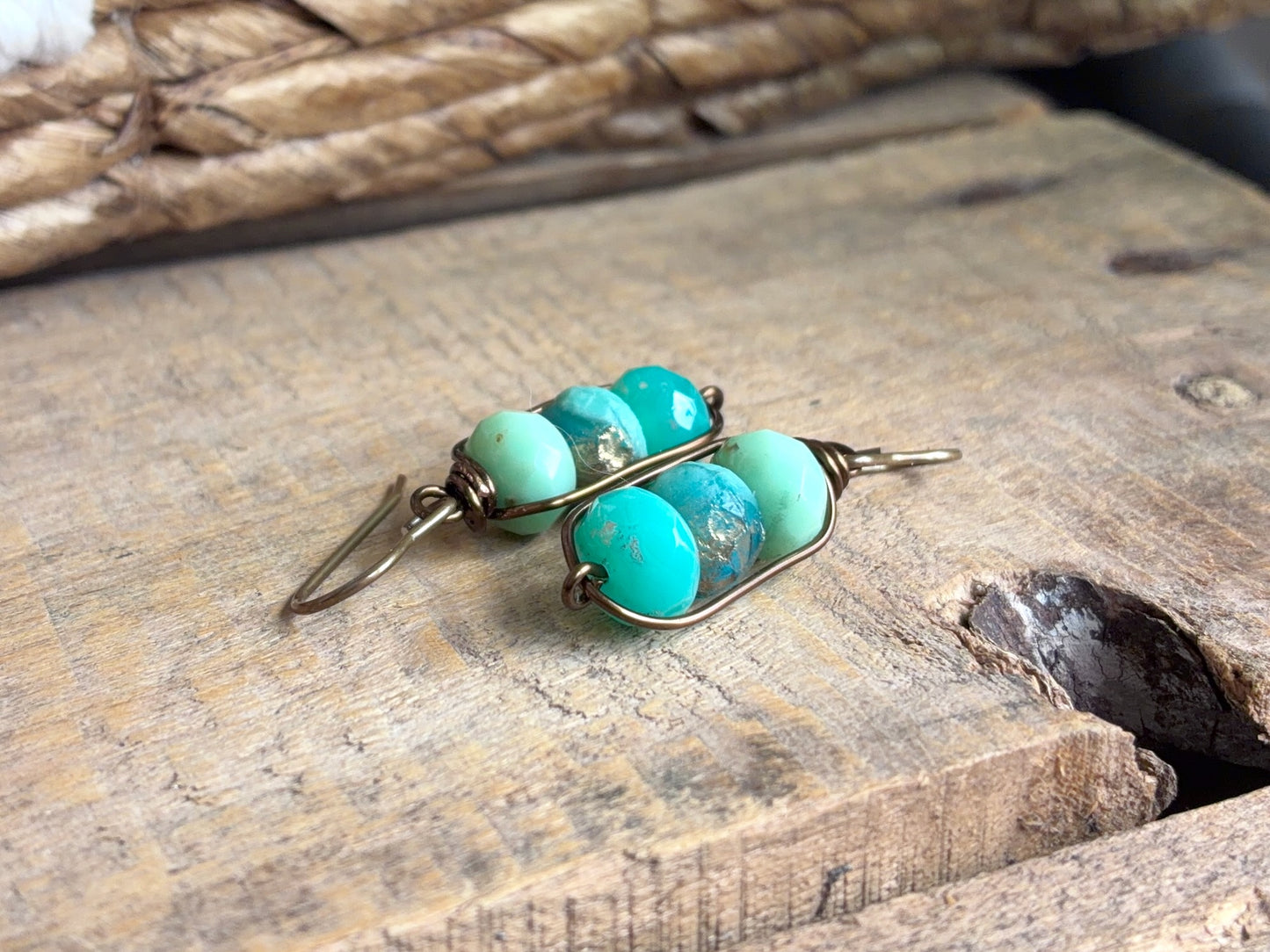 Turquoise & Aqua Stacked Czech Glass Drop Earrings | Handmade Wirework Earrings in Antiqued Brass