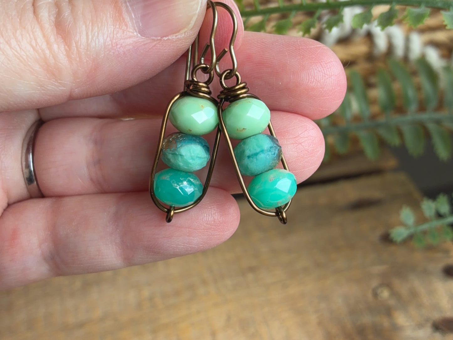 Turquoise & Aqua Stacked Czech Glass Drop Earrings | Handmade Wirework Earrings in Antiqued Brass