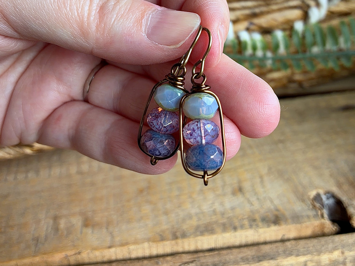 Czech Glass Bead Earrings | Handmade Lavender Purple Stacked Earrings with  Brass Earwires