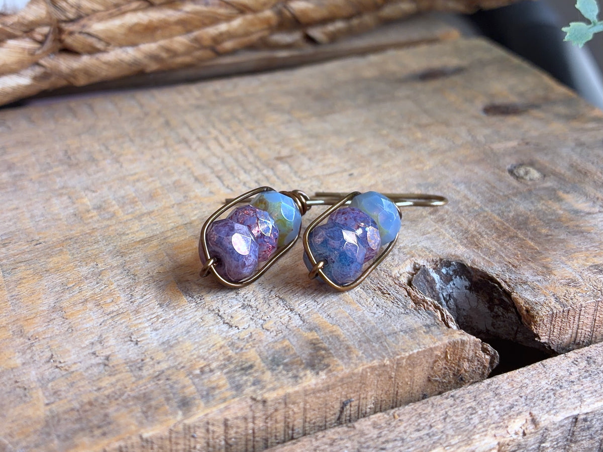 Czech Glass Bead Earrings | Handmade Lavender Purple Stacked Earrings with  Brass Earwires