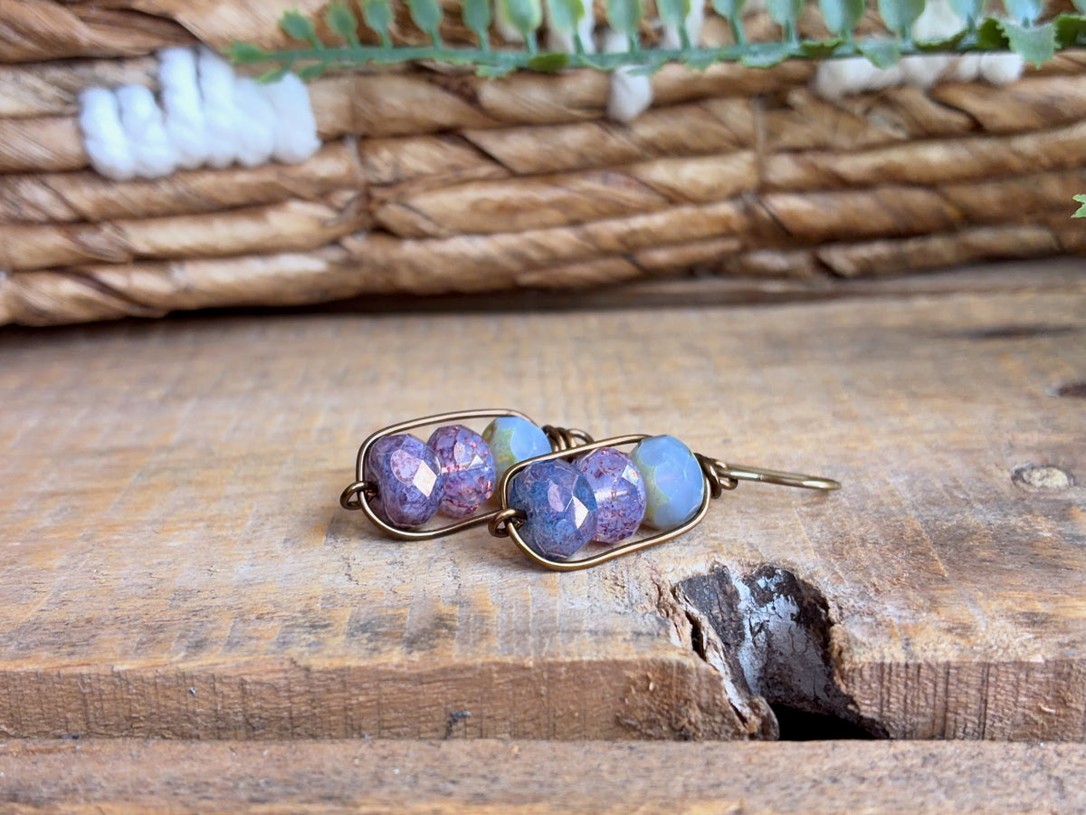 Czech Glass Bead Earrings | Handmade Lavender Purple Stacked Earrings with  Brass Earwires