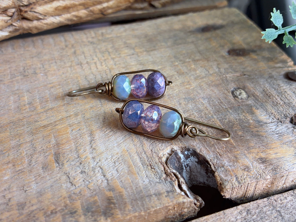 Czech Glass Bead Earrings | Handmade Lavender Purple Stacked Earrings with  Brass Earwires