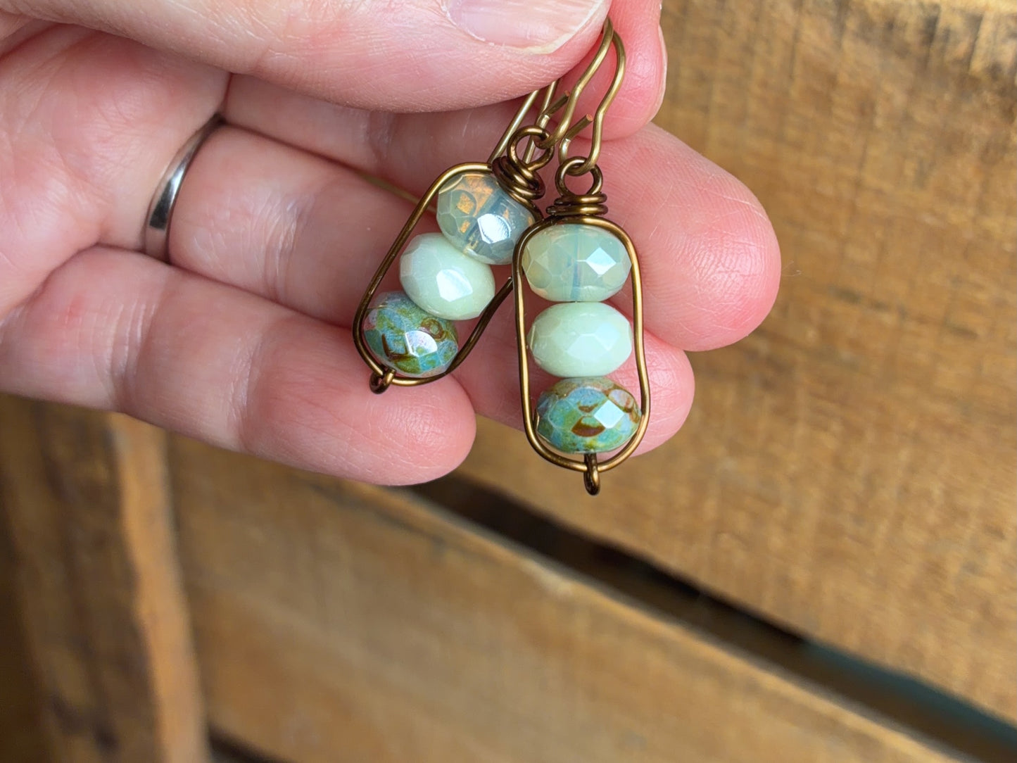 Sage & Mint Green Czech Glass Earrings | Handmade Wirework Earrings | Calming Pastel Colours