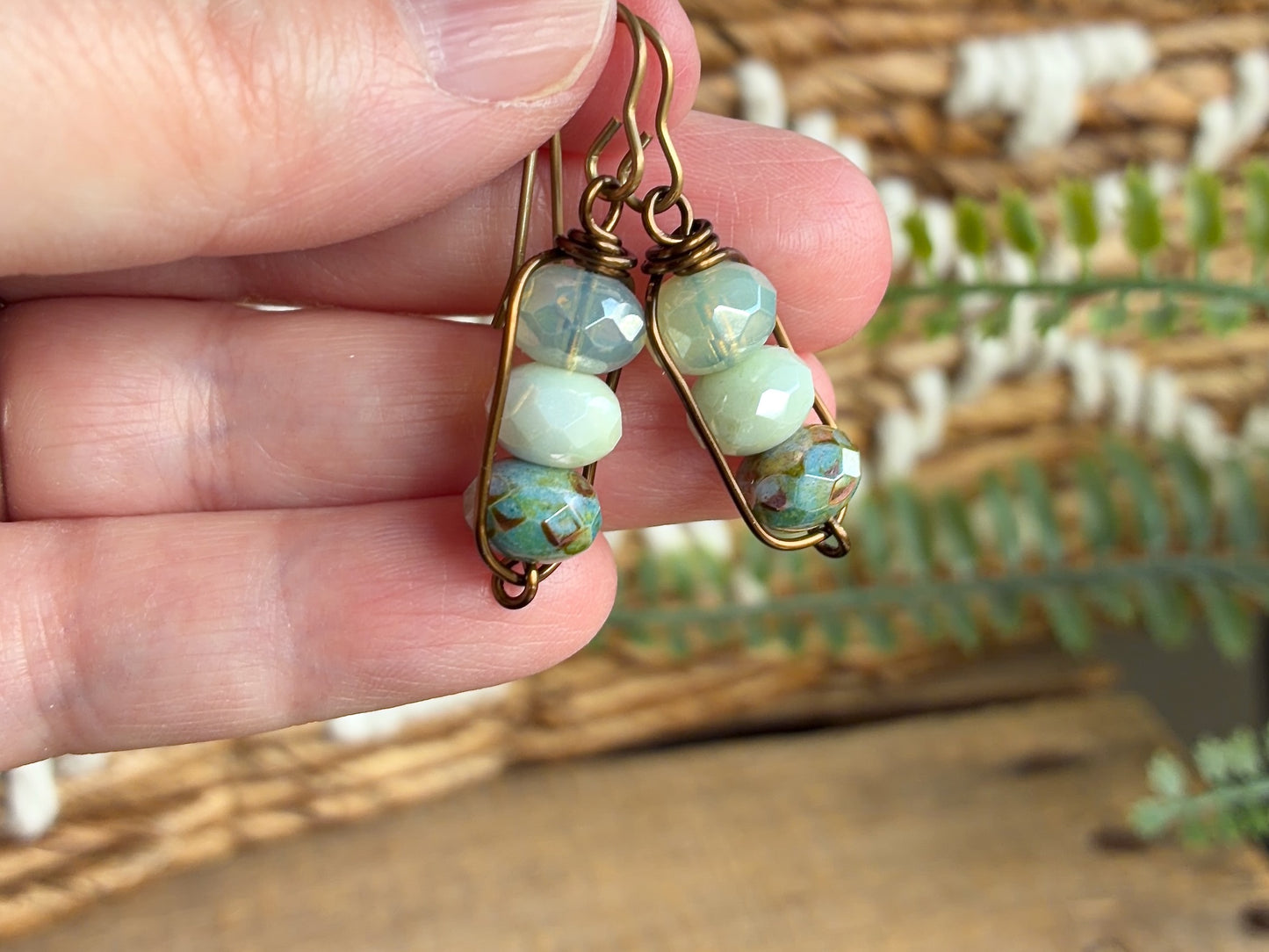 Sage & Mint Green Czech Glass Earrings | Handmade Wirework Earrings | Calming Pastel Colours