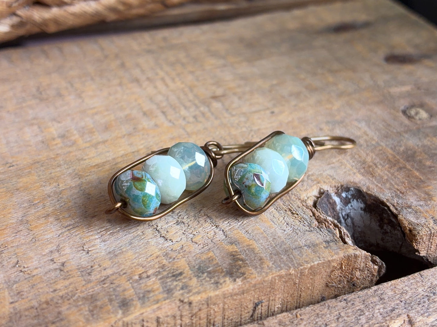 Sage & Mint Green Czech Glass Earrings | Handmade Wirework Earrings | Calming Pastel Colours