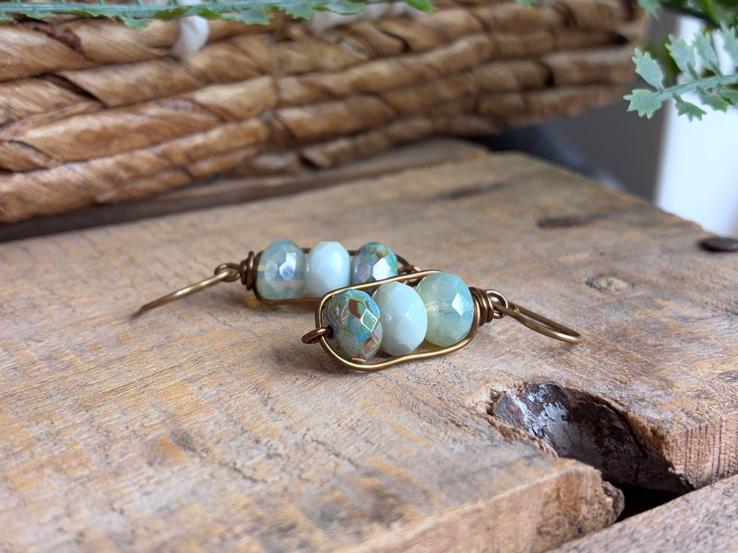 Sage & Mint Green Czech Glass Earrings | Handmade Wirework Earrings | Calming Pastel Colours
