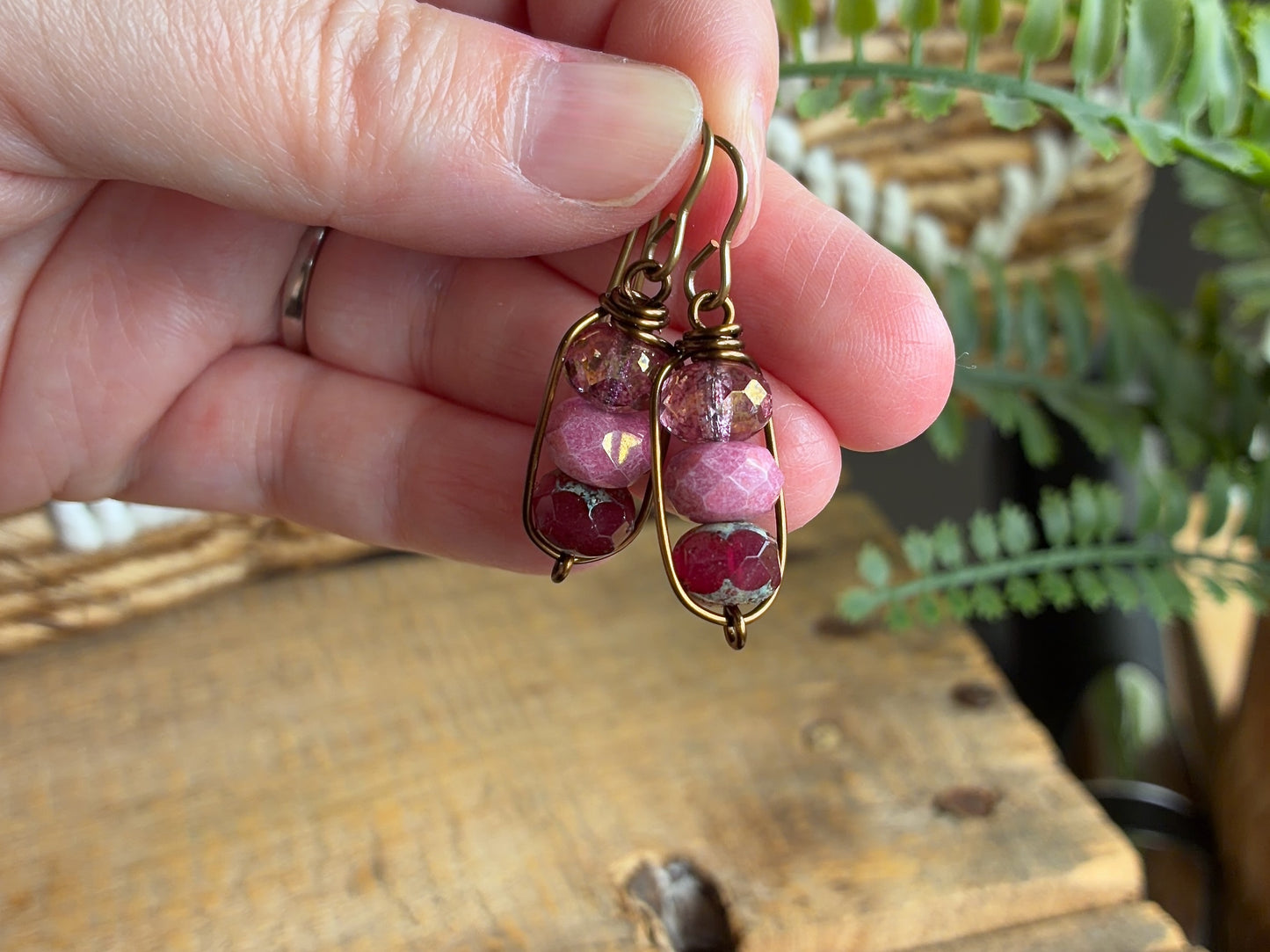 Ruby Pink Czech Glass Stacked Earrings | Handmade Wirework Drop Earrings in Antique Brass