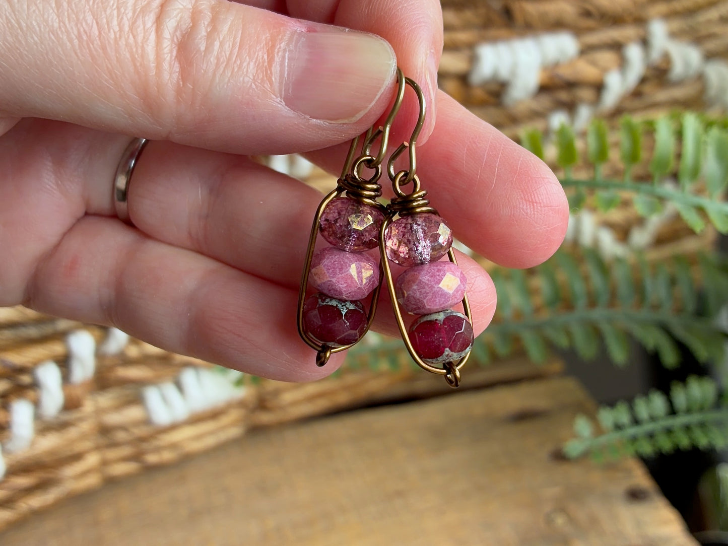 Ruby Pink Czech Glass Stacked Earrings | Handmade Wirework Drop Earrings in Antique Brass