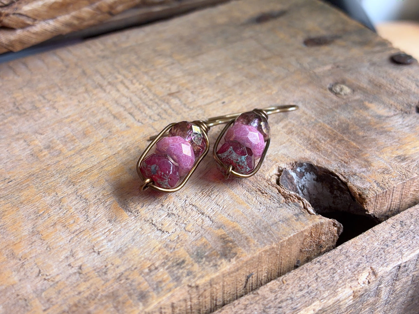 Ruby Pink Czech Glass Stacked Earrings | Handmade Wirework Drop Earrings in Antique Brass