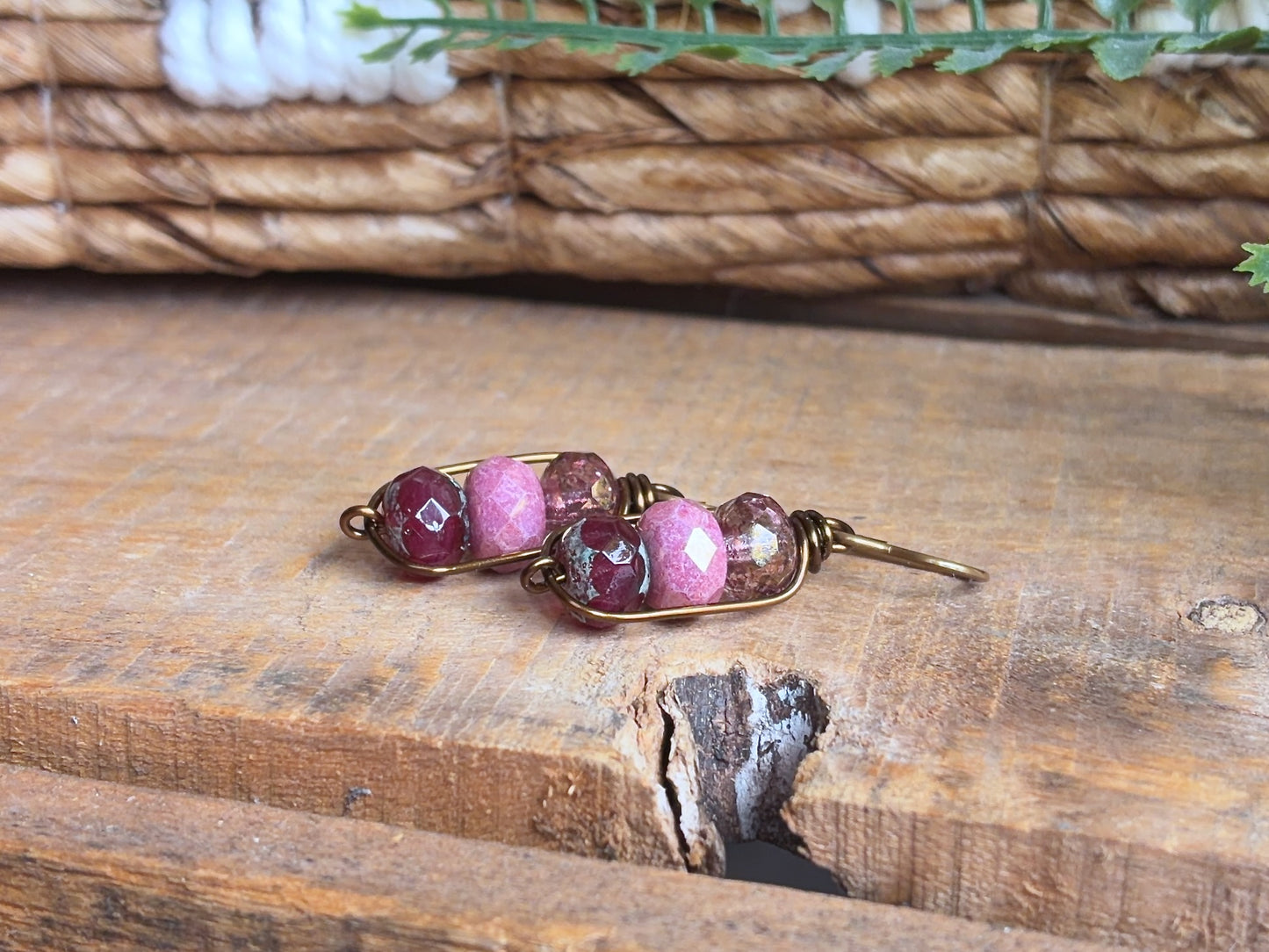 Ruby Pink Czech Glass Stacked Earrings | Handmade Wirework Drop Earrings in Antique Brass