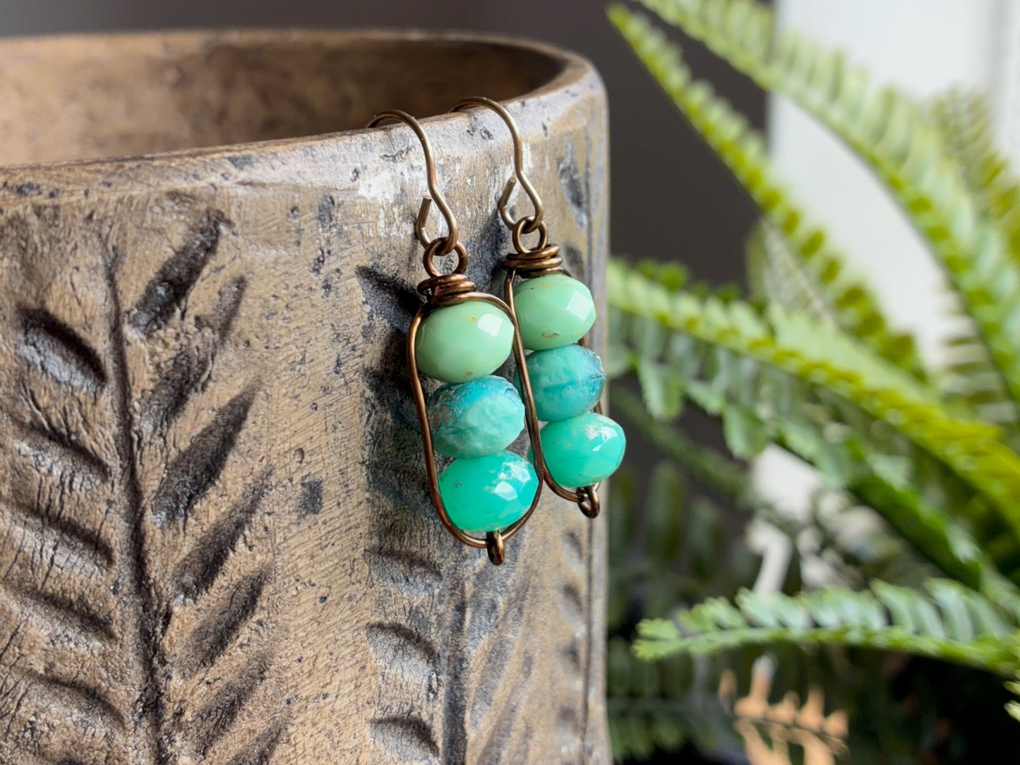 Turquoise & Aqua Stacked Czech Glass Drop Earrings | Handmade Wirework Earrings in Antiqued Brass