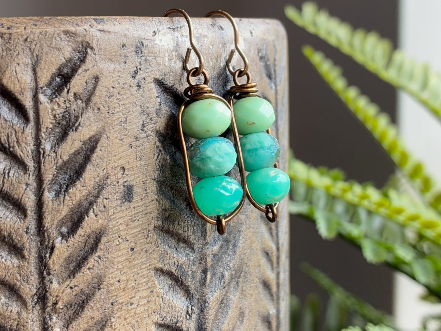 Turquoise & Aqua Stacked Czech Glass Drop Earrings | Handmade Wirework Earrings in Antiqued Brass