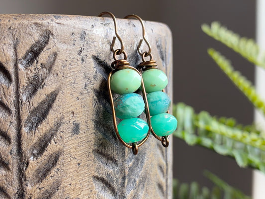 Turquoise & Aqua Stacked Czech Glass Drop Earrings | Handmade Wirework Earrings in Antiqued Brass