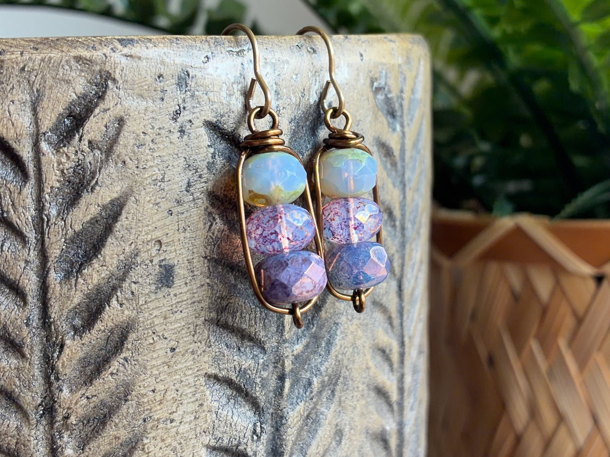 Czech Glass Bead Earrings | Handmade Lavender Purple Stacked Earrings with  Brass Earwires
