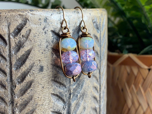 Czech Glass Bead Earrings | Handmade Lavender Purple Stacked Earrings with  Brass Earwires