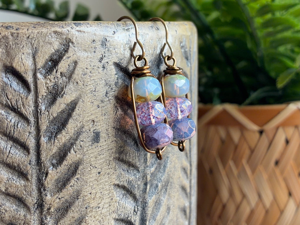 Czech Glass Bead Earrings | Handmade Lavender Purple Stacked Earrings with  Brass Earwires