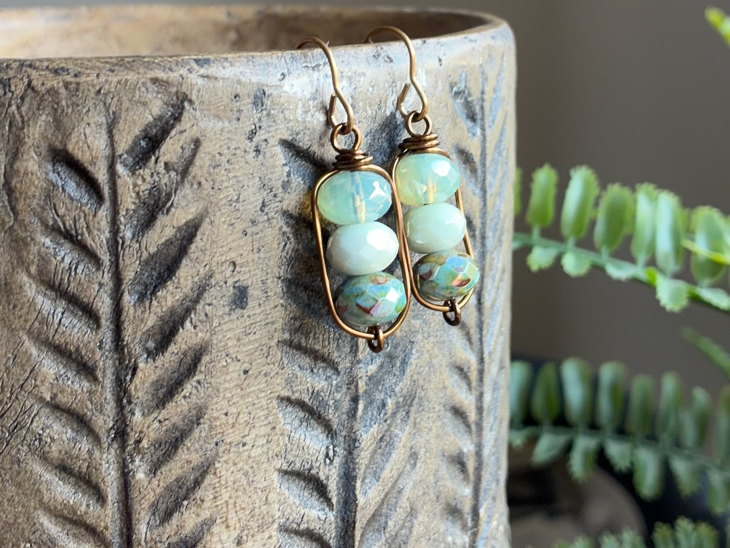 Sage & Mint Green Czech Glass Earrings | Handmade Wirework Earrings | Calming Pastel Colours