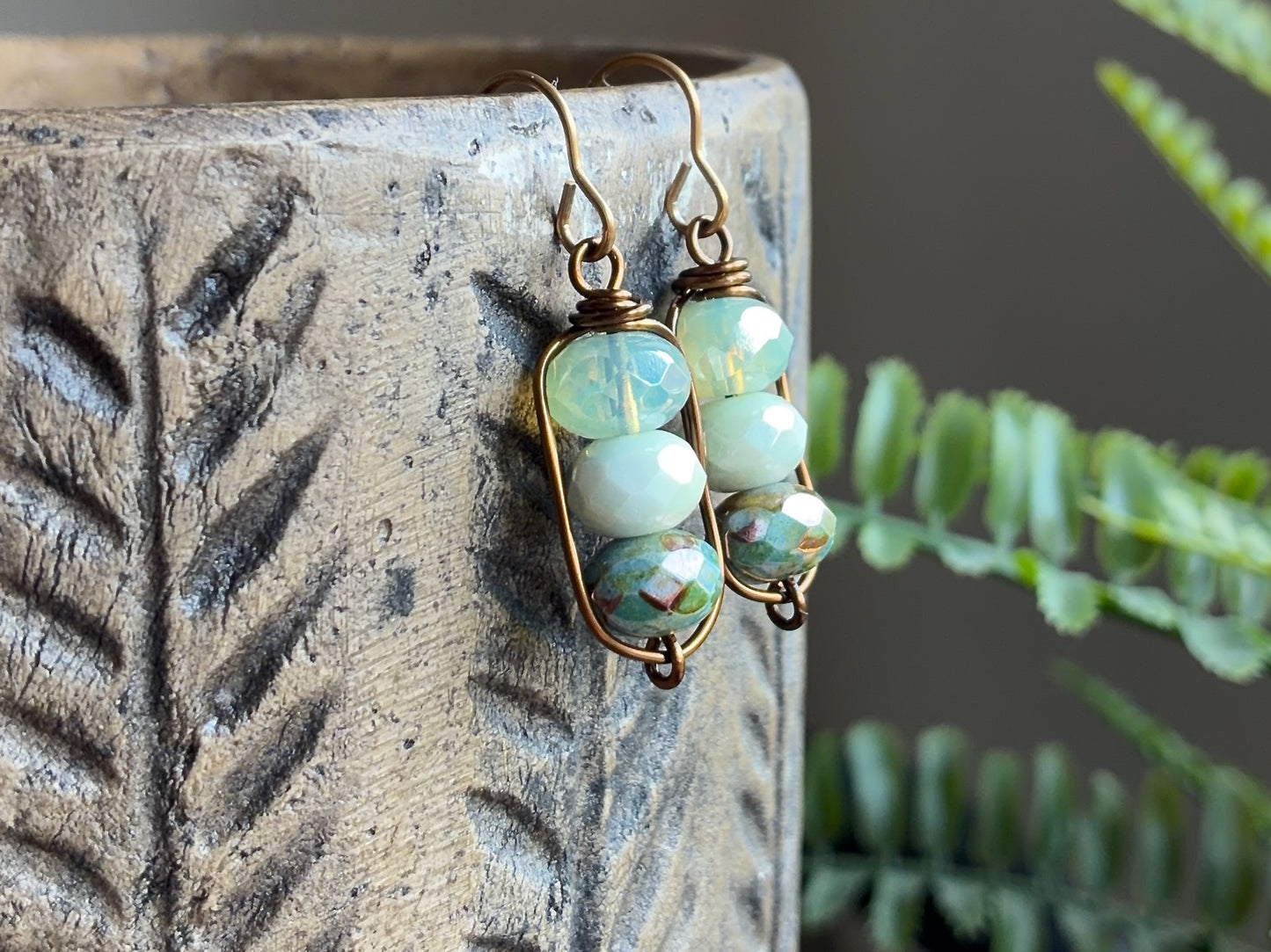 Sage & Mint Green Czech Glass Earrings | Handmade Wirework Earrings | Calming Pastel Colours