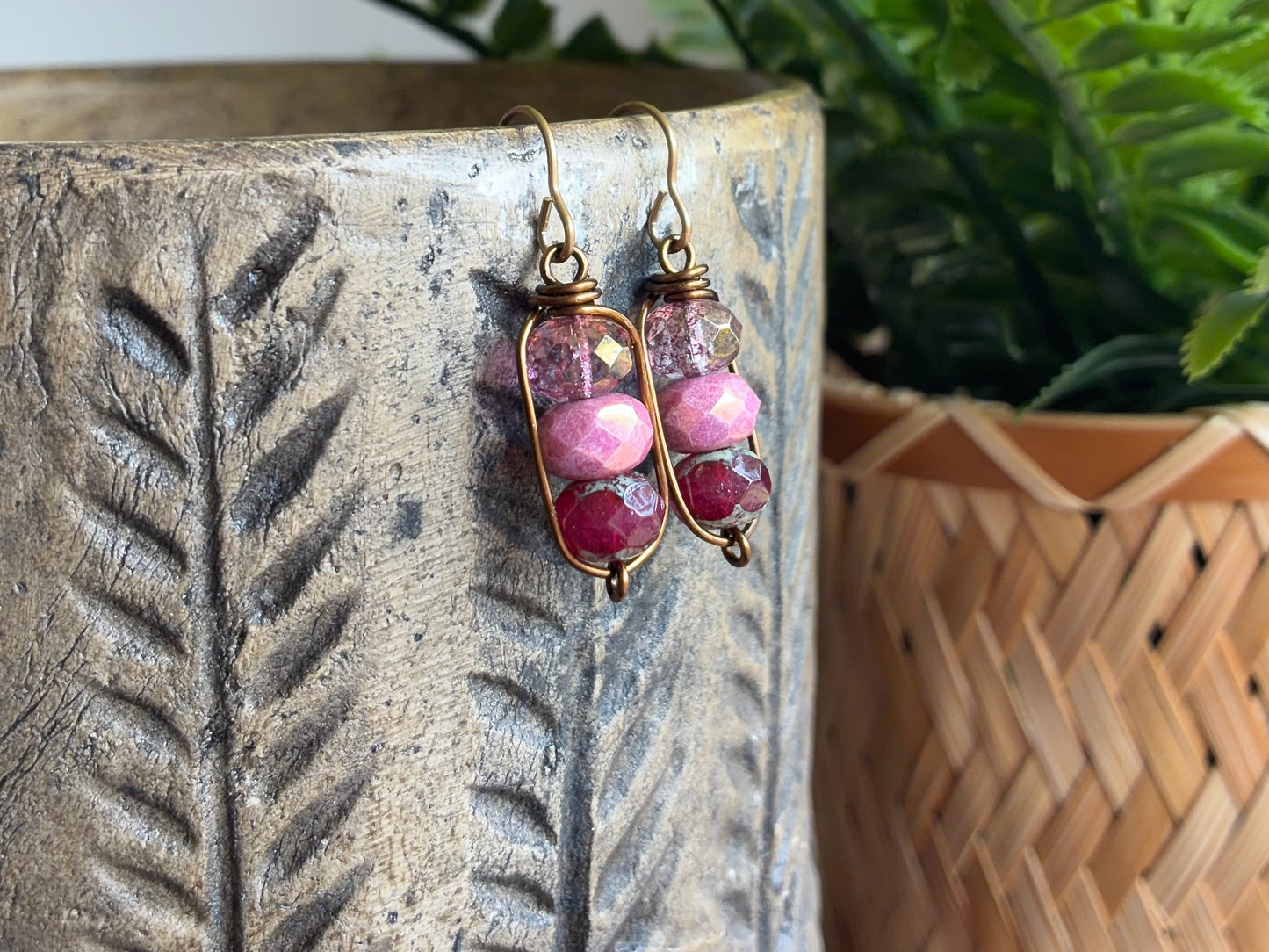 Ruby Pink Czech Glass Stacked Earrings | Handmade Wirework Drop Earrings in Antique Brass