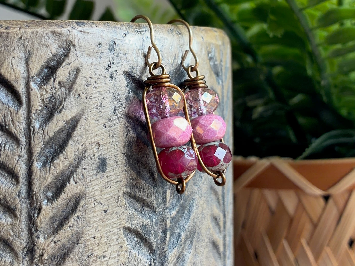 Ruby Pink Czech Glass Stacked Earrings | Handmade Wirework Drop Earrings in Antique Brass