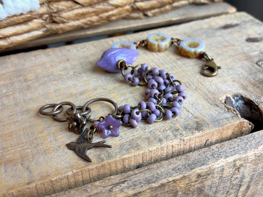 Handmade Ceramic Bird Bracelet | Czech Glass and Brass Bracelet in Lavender and Purple