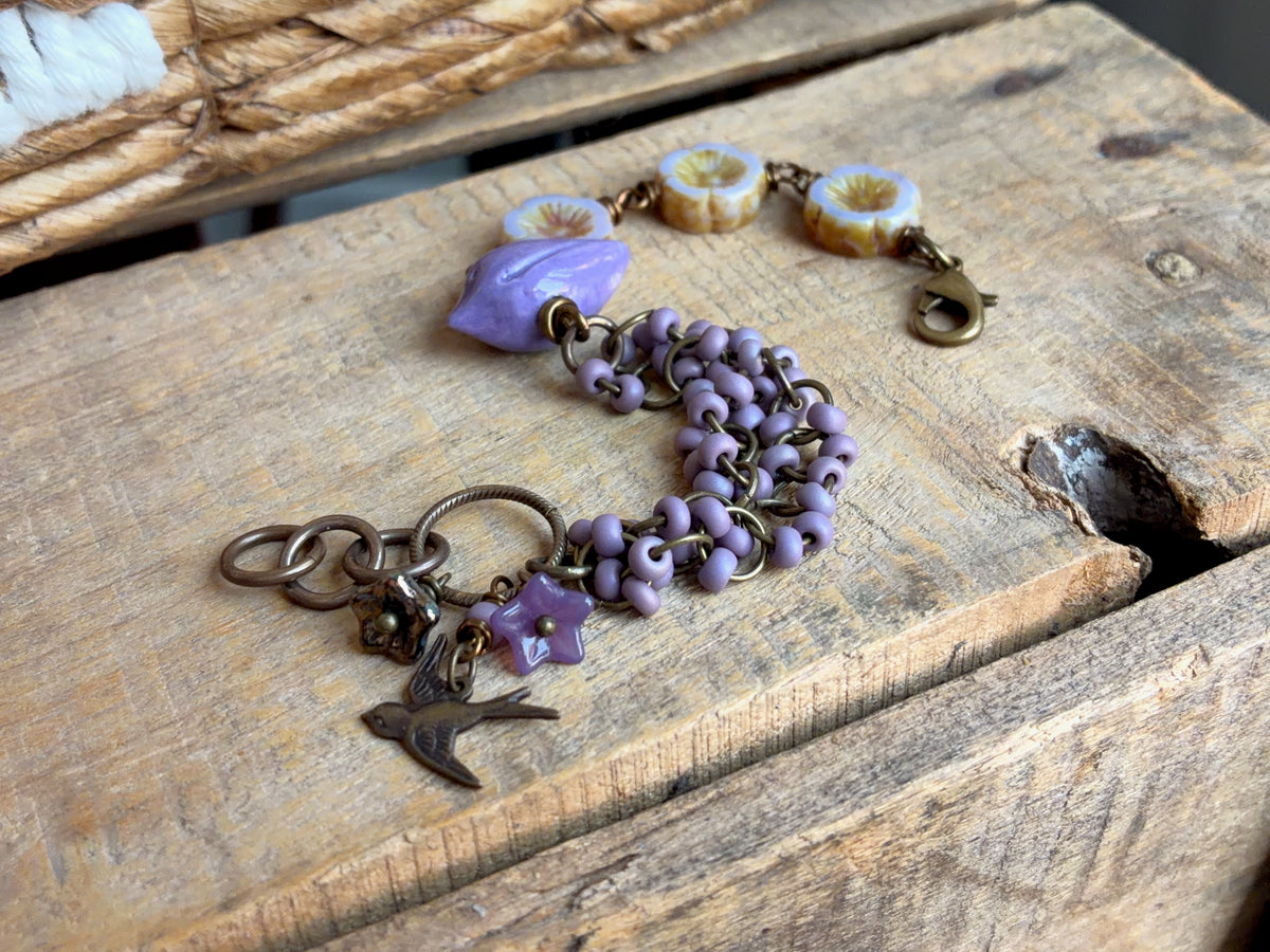 Handmade Ceramic Bird Bracelet | Czech Glass and Brass Bracelet in Lavender and Purple
